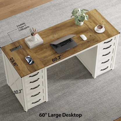 60" Farmhouse Home Office Desk with 10 Wooden Drawers, Rustic Computer Writing Desk with Power Outlets, Large Executive Desk