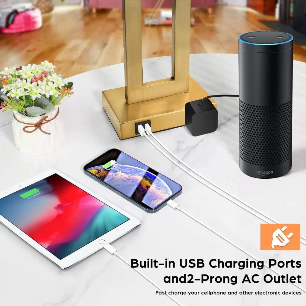 22’’ Table Lamps for Bedrooms Set of 2, Gold Bedside USB Desk Lamp with AC Outlet, Touch Control Modern Vintage Living Room Tabl