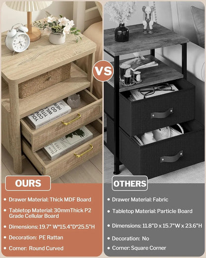 Nightstands Set of 2 - Rattan Night Stand Bedside Table with 2 Rattan Drawers, Open Storage Shelf