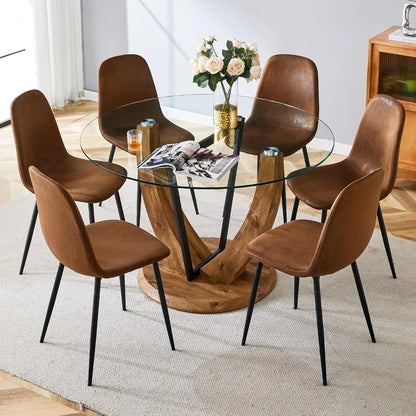 Round Dining Table Set for 4, 48 Inches Kitchen Table with 4 Brown Chairs, Tempered Glass Tabletop with Wood Pedestal Base