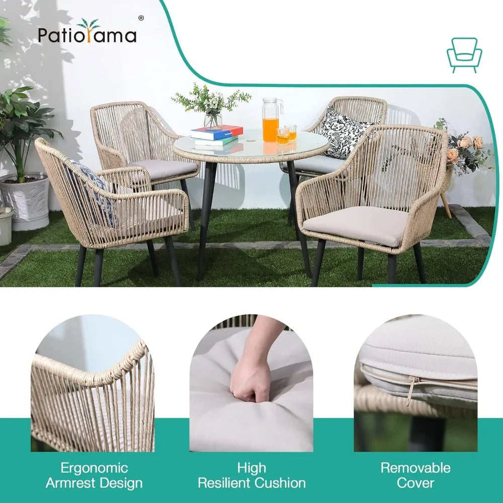 5-Piece Patio Dining Set, Outdoor Dining Table Chair Set, All-Weather Twisted Rattan Wicker Rope Conversation Set, Patio Furnit