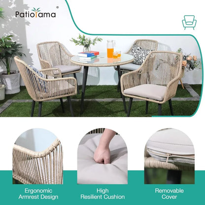 5-Piece Patio Dining Set, Outdoor Dining Table Chair Set, All-Weather Twisted Rattan Wicker Rope Conversation Set, Patio Furnit