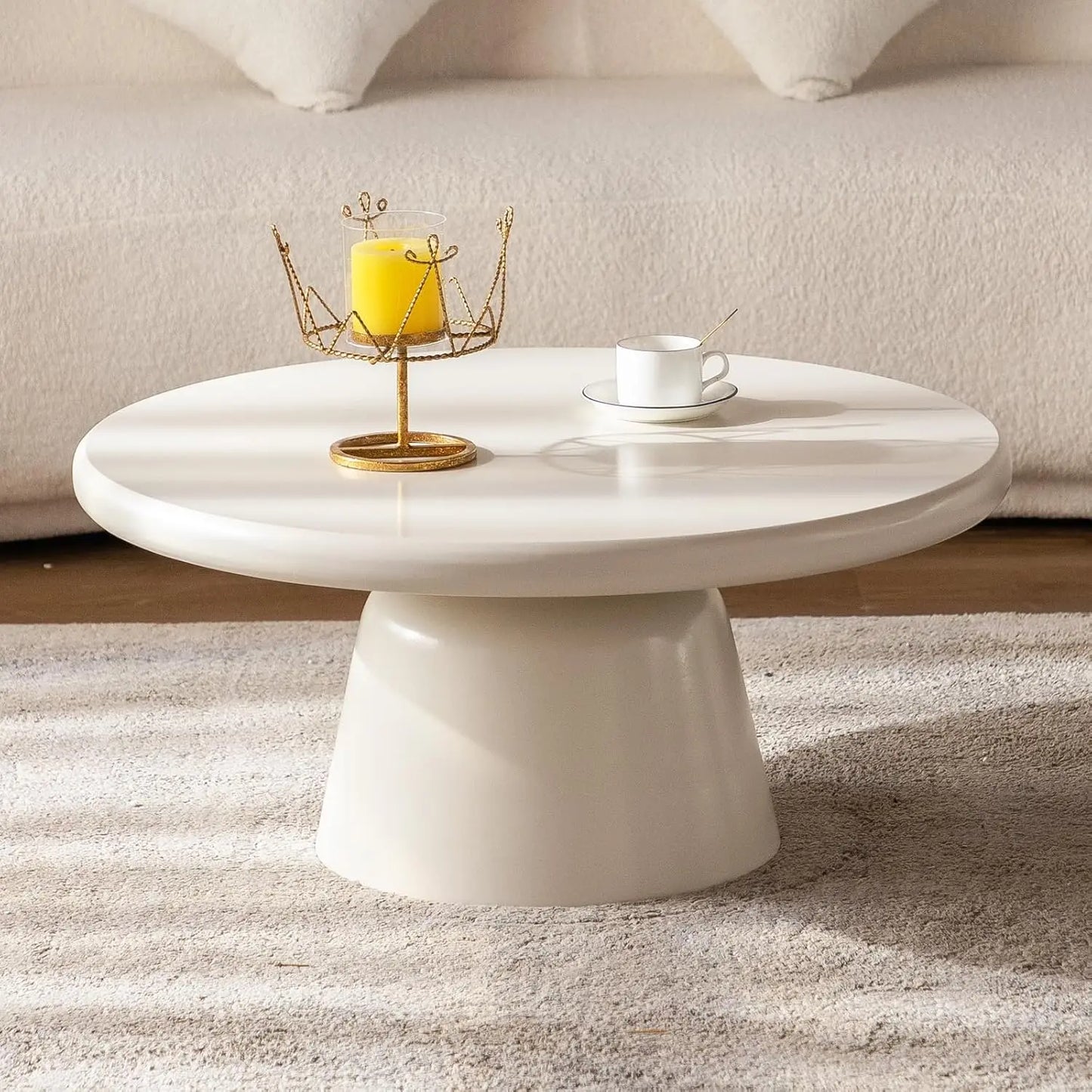 Cloud-Shape Cute Coffee Table Cream White Irregular Coffee Tables with 3 Short Legs Modern Live Round Edge Coffee Table