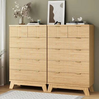 Fluted Dresser for Bedroom with 6 Drawers, 46" Tall Modern Chest of Drawers with Metal Handle, Wooden Dresser TV Stand, Wood Clo