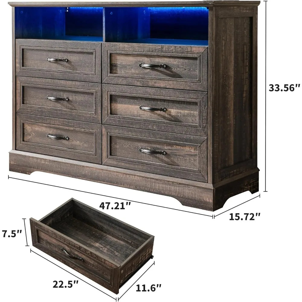 Dressers for Bedroom,6 Drawers Dresser with LED Light,Power Outlets and Open Shelves,Chests of Drawers for 65 inch TV