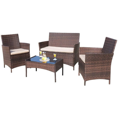 4-piece set of outdoor terrace furniture, rattan chairs, wicker covers, outdoor indoor use, backyard porch (brown and beige)