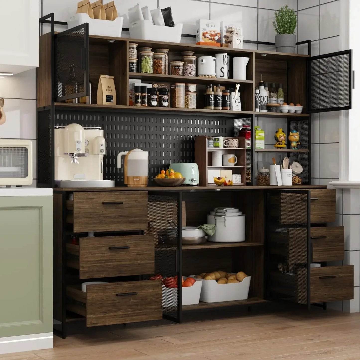 Sideboard Buffet Storage Cabinet with Hutch, Pegboard,  Metal Mesh Doors, Drawers & Shelves, Kitchen Pantry Cupboard