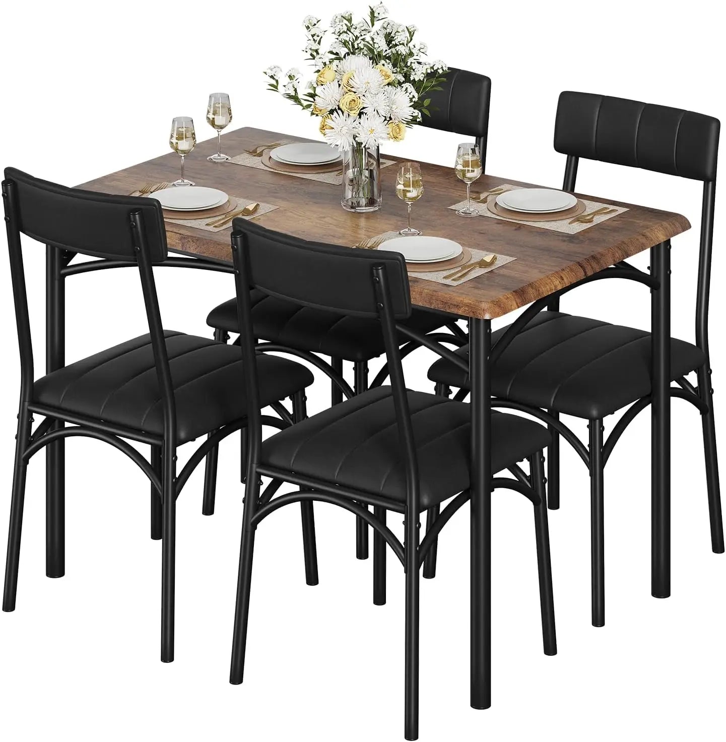 5-Piece Industrial Dining Table Set, Compact Kitchen Table & 4 Padded Chairs, Farmhouse Dining Room Furniture Set for Small Spac