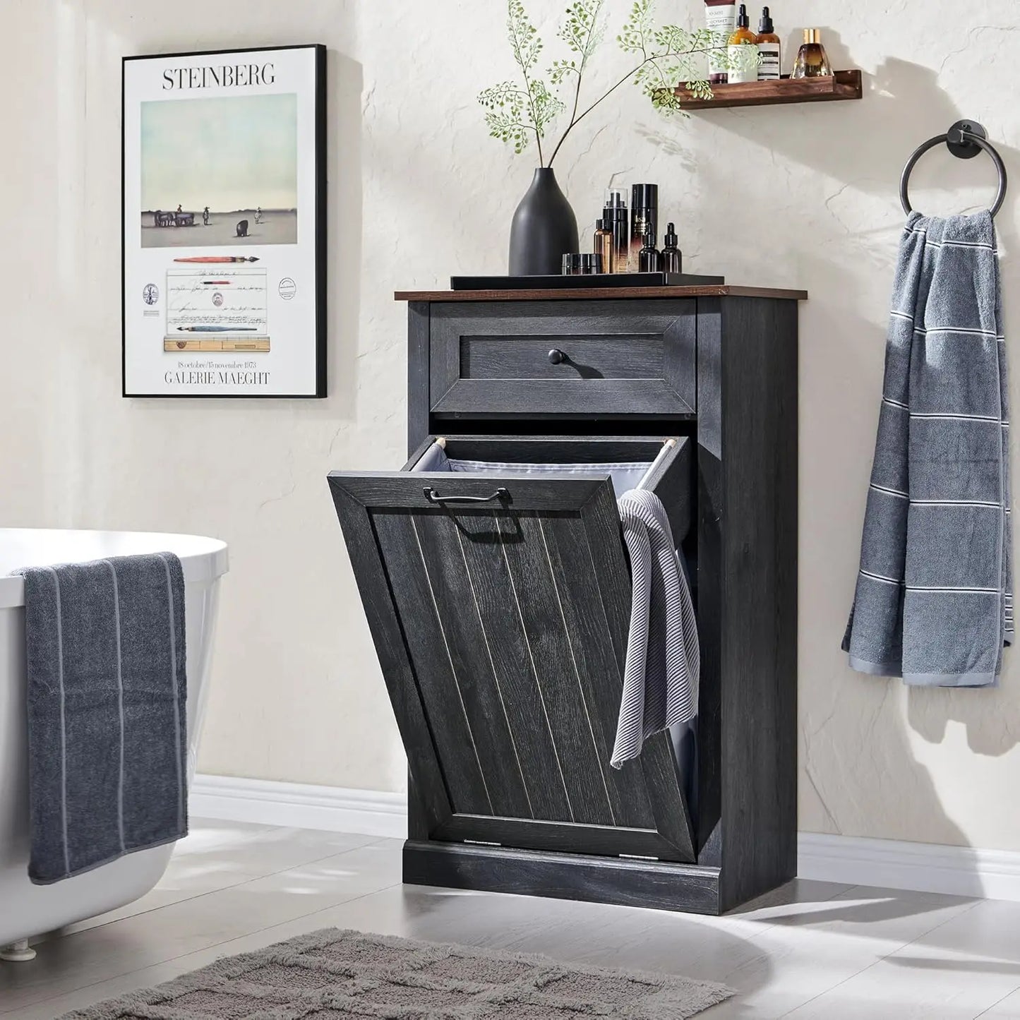 Double Tilt Out Laundry Hamper Cabinet, 20 Gallon Farmhouse Trash Can Cabinet with Drawer, Hidden Wood Garbage Can Bin Cabinet