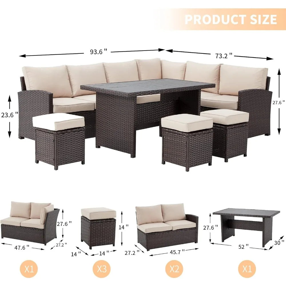 7 Pieces Patio Furniture Set, Outdoor Sectional Sofa Conversation Set, All Weather Wicker Rattan Couch Dining Table & Chair