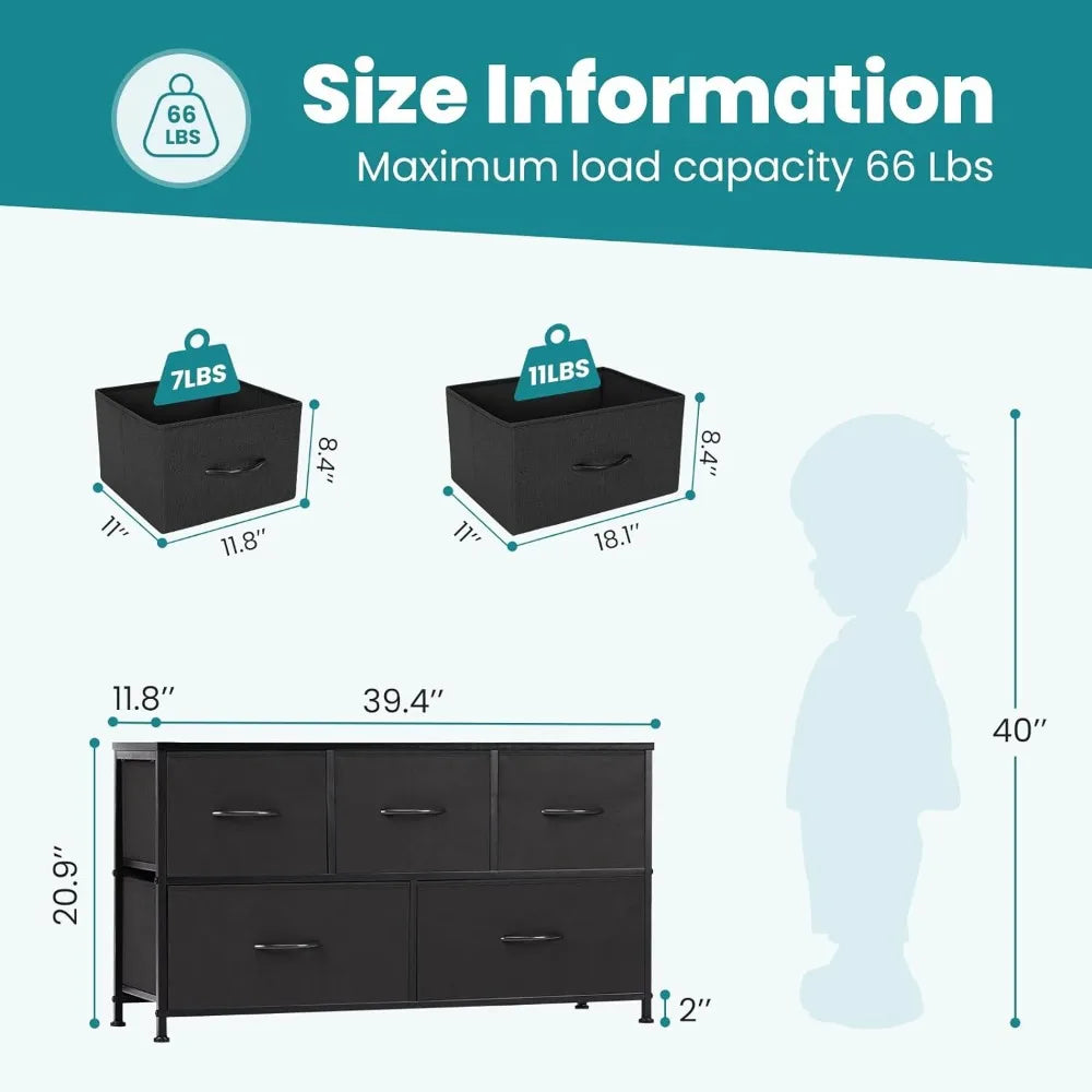 Dresser for Bedroom, Storage with 5 Drawer Organizer Closet Chest Small Clothes Fabric Cabinet, Kids Furniture Drawer Binis