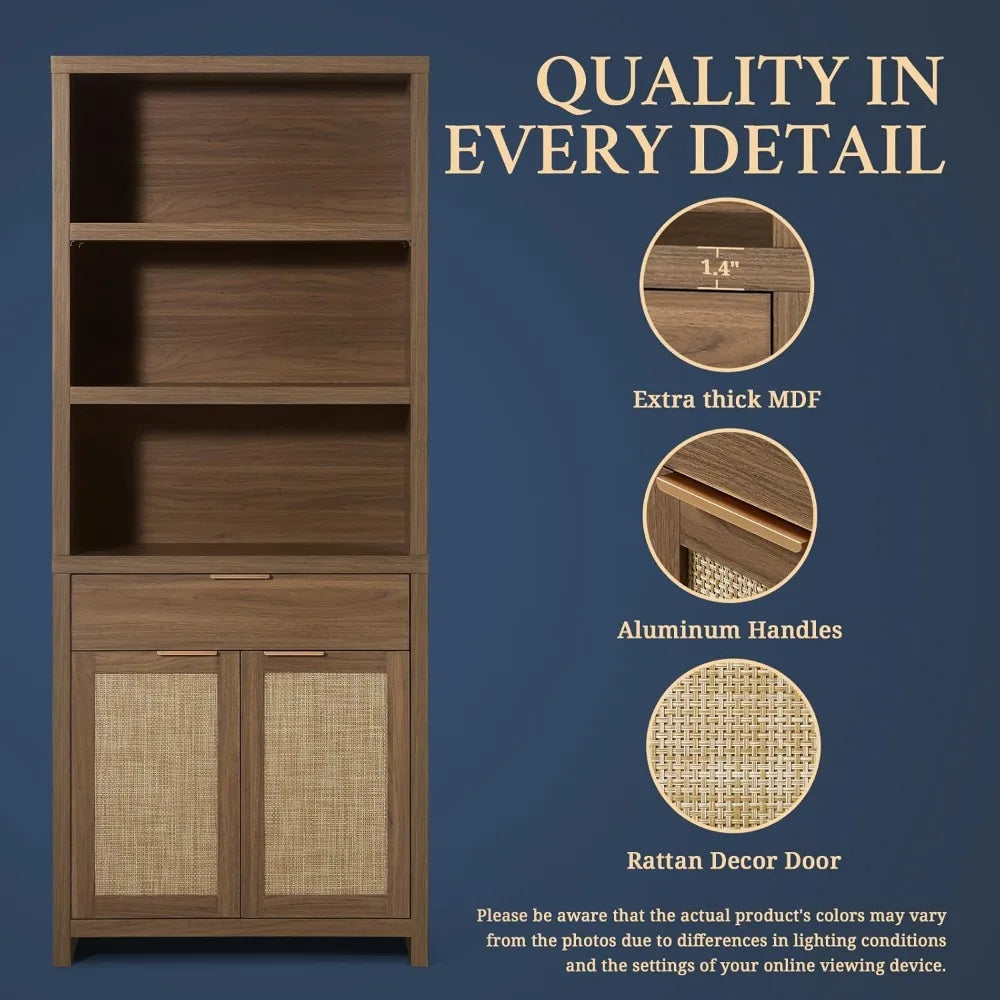 Hampstead Bookcase, Rattan Bookcase with Doors Cabinet and Drawer, 5-Tier Bookshelf, Large Wooden Book Case, Tall Bookshelves