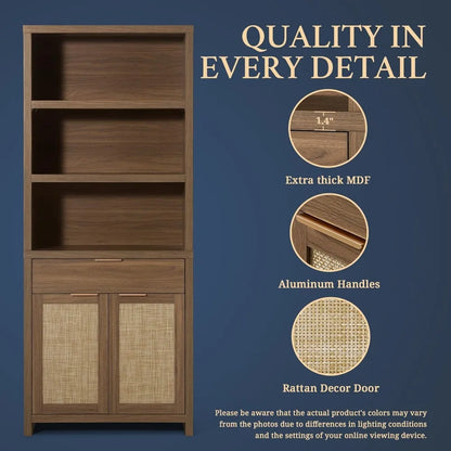 Hampstead Bookcase, Rattan Bookcase with Doors Cabinet and Drawer, 5-Tier Bookshelf, Large Wooden Book Case, Tall Bookshelves