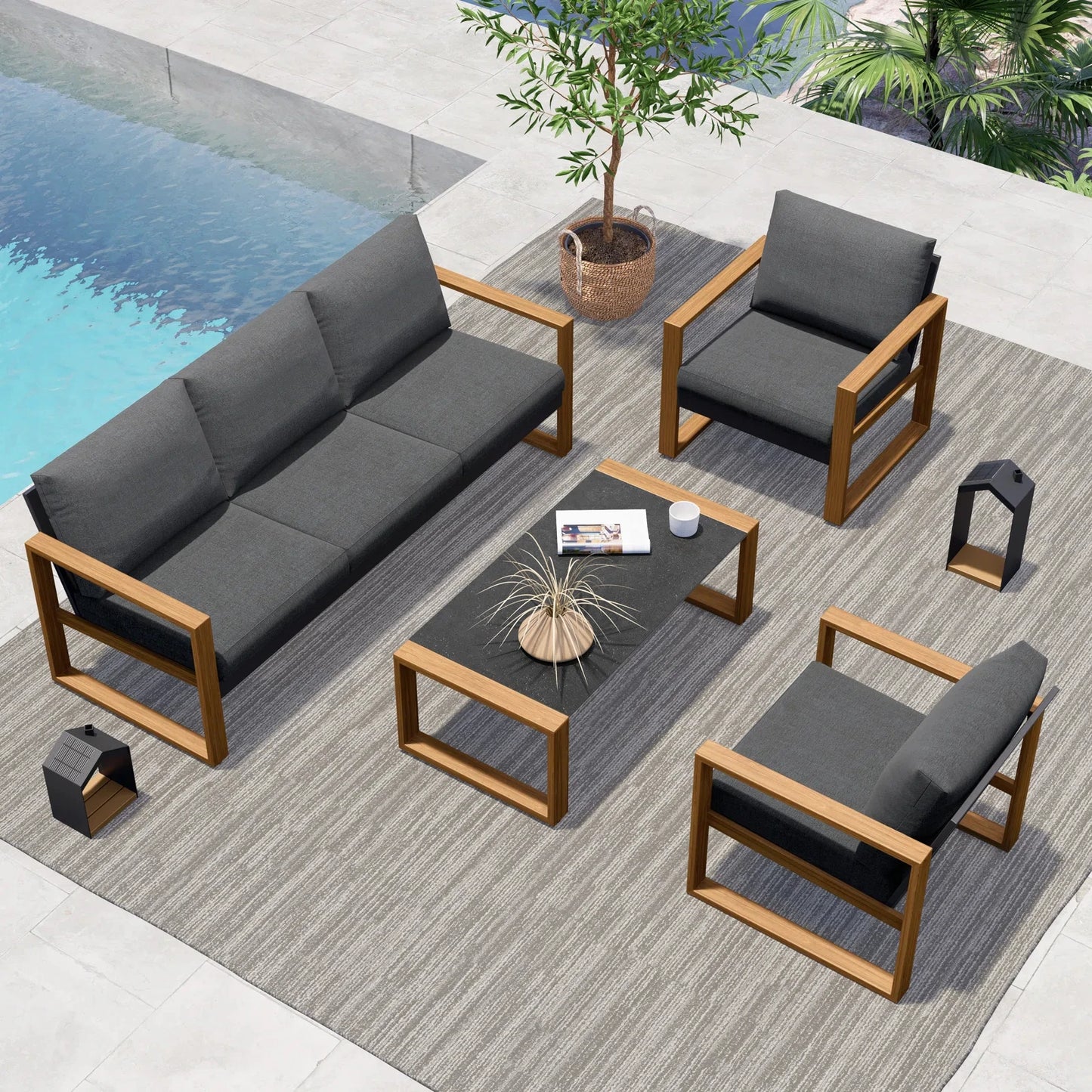 Outdoor 4-Piece Modern Furniture Sets,5 Person Conversation Set, Faux Wood Grain Finish Frame Sofa with Olefin Thick Cushions