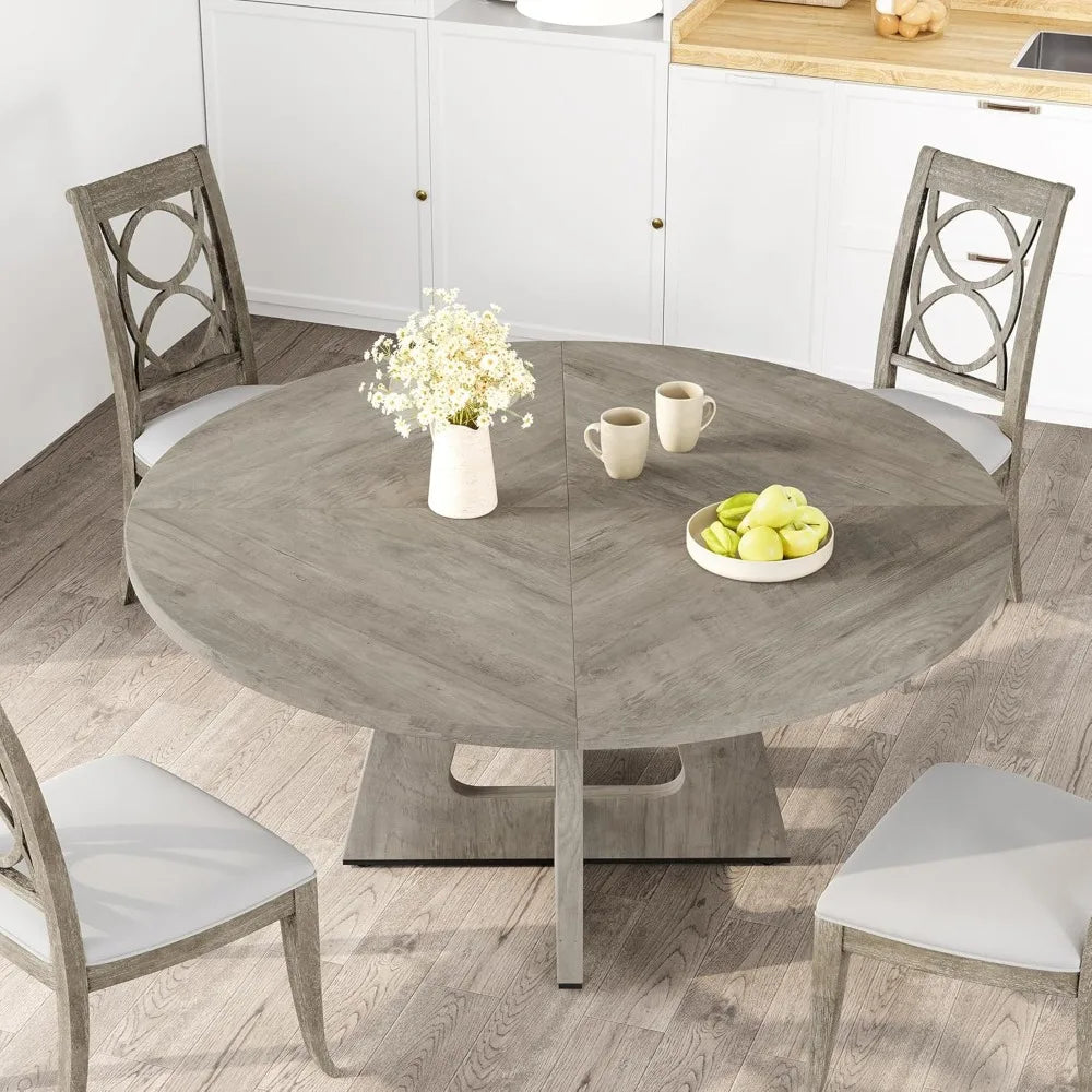 Farmhouse-Style Dining Table Set for 4-6, Wooden Circular Table with Pedestal Base