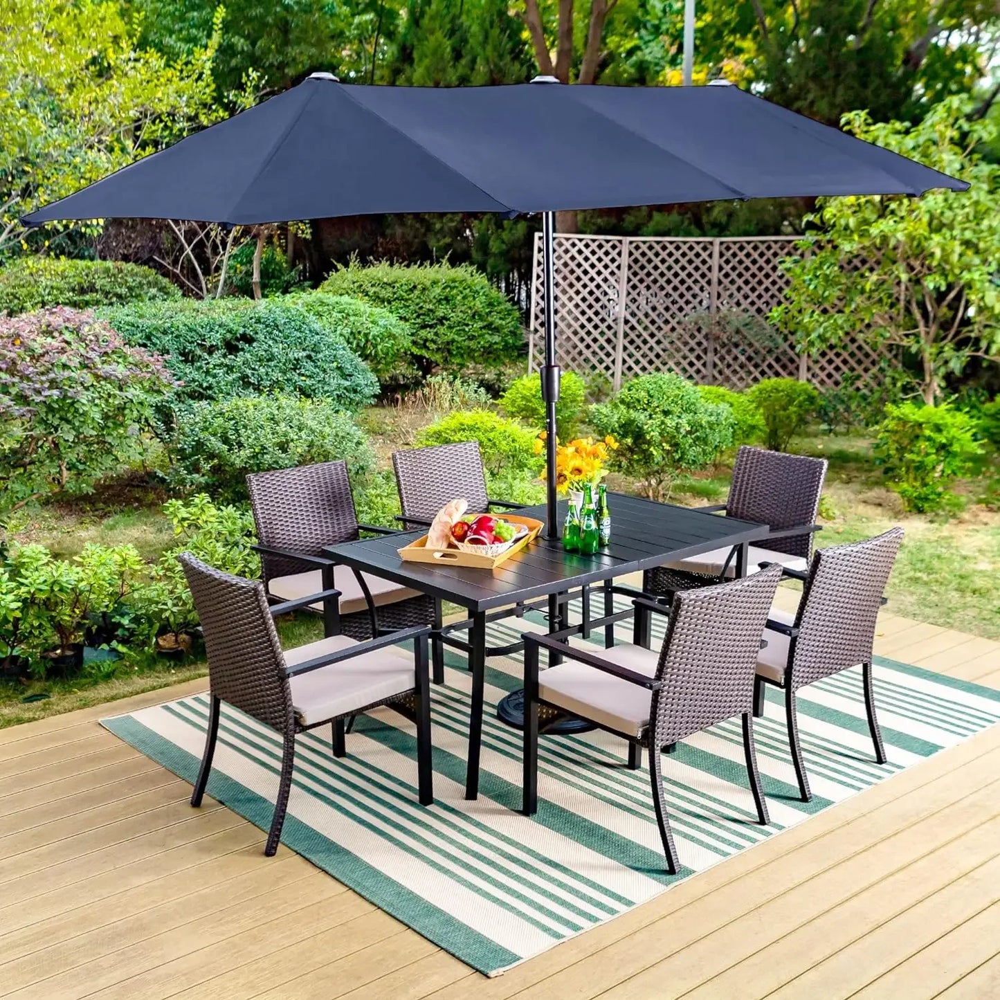 Dining Furniture with Beige Double-Sided Umbrella, Outdoor Rattan Chairs & Metal and PVC Table Set with Cushion and Umbrella