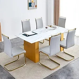 71" Glass Dining Table Set for 6, 7 Piece Dining Table Set with Tempered Glass Top & 6 White PU Leather Ergonomic Chairs, Modern