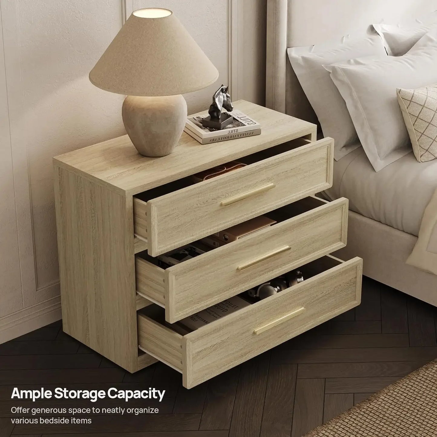 Night Stand Set 2 Oversized Extra Large Nightstands Set of 2 Tall Bedside Side Table with 3 Drawers Storage Modern End Tables