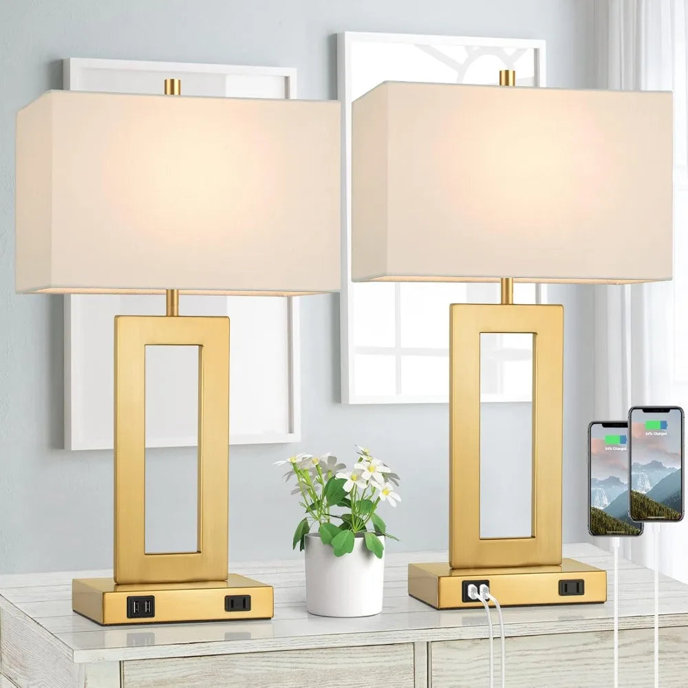 22’’ Table Lamps for Bedrooms Set of 2, Gold Bedside USB Desk Lamp with AC Outlet, Touch Control Modern Vintage Living Room Tabl