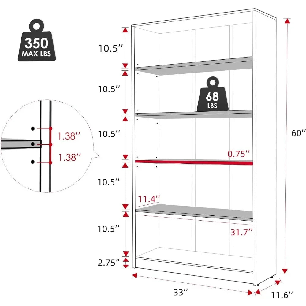 Book caseSTARY 5 Shelf White Bookcase 60 inch Tall Wood Bookshelf for Bedroom