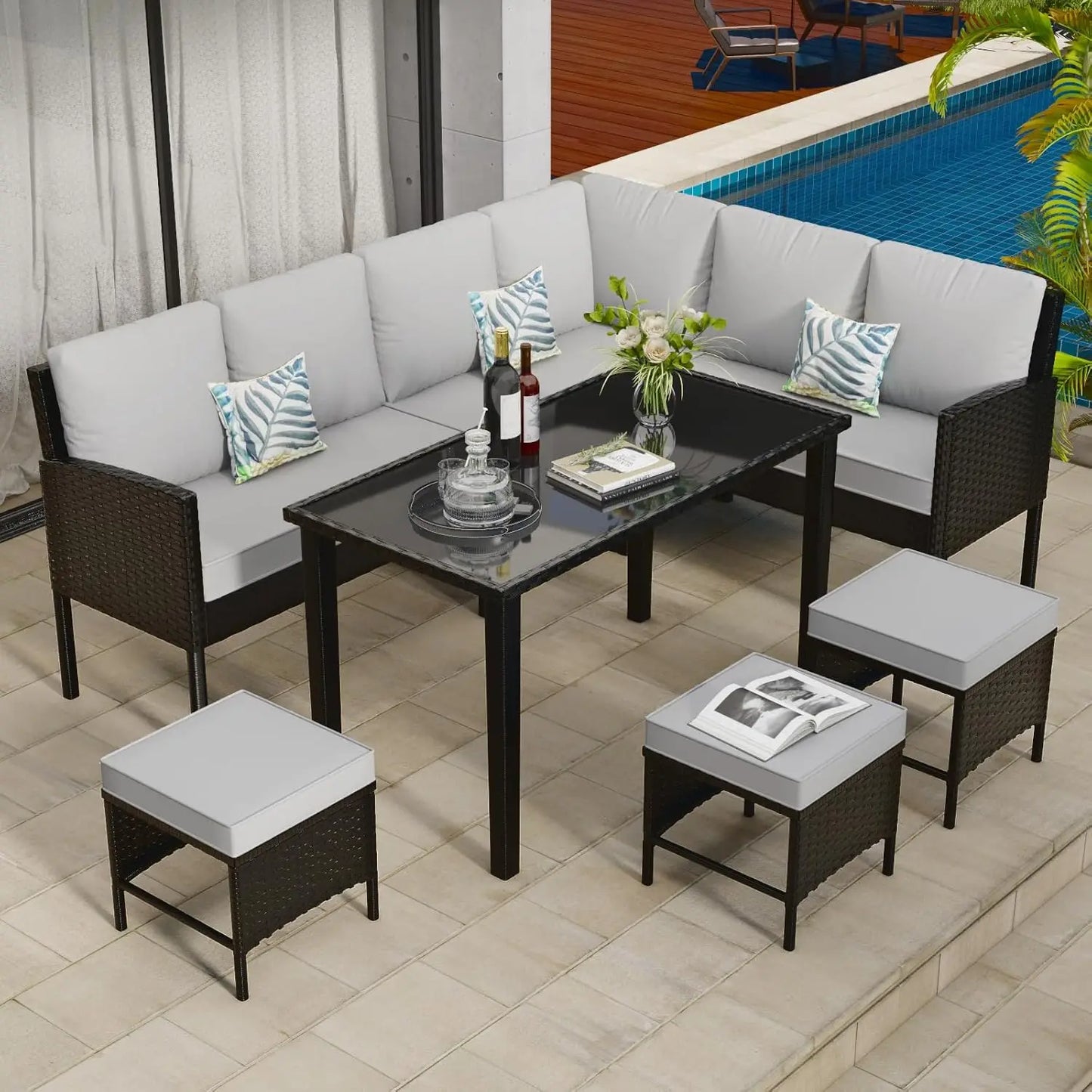 PatioConversation Set,Outdoor Furniture Sectional with Throw Pillows and Anti-Slip Cushions,PE Rattan Sofa Set with Dining Table