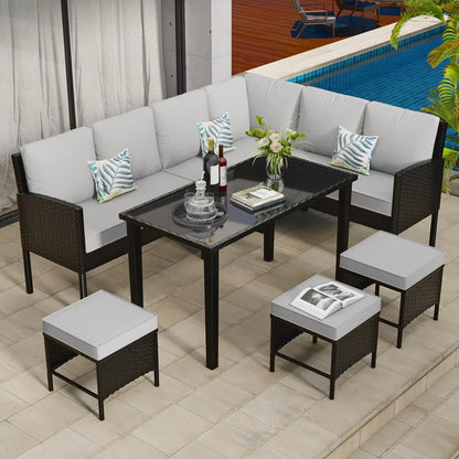 PatioConversation Set,Outdoor Furniture Sectional with Throw Pillows and Anti-Slip Cushions,PE Rattan Sofa Set with Dining Table