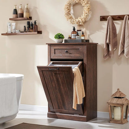 Double Tilt Out Laundry Hamper Cabinet, 20 Gallon Farmhouse Trash Can Cabinet with Drawer, Hidden Wood Garbage Can Bin Cabinet