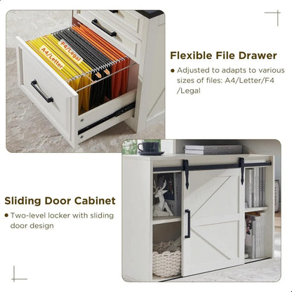 Home Office Desk, Modern Farmhouse Computer Desk with File Cabinet Letter T4 F4 Legal, Study Writing Desk, 67 Inch, Off White