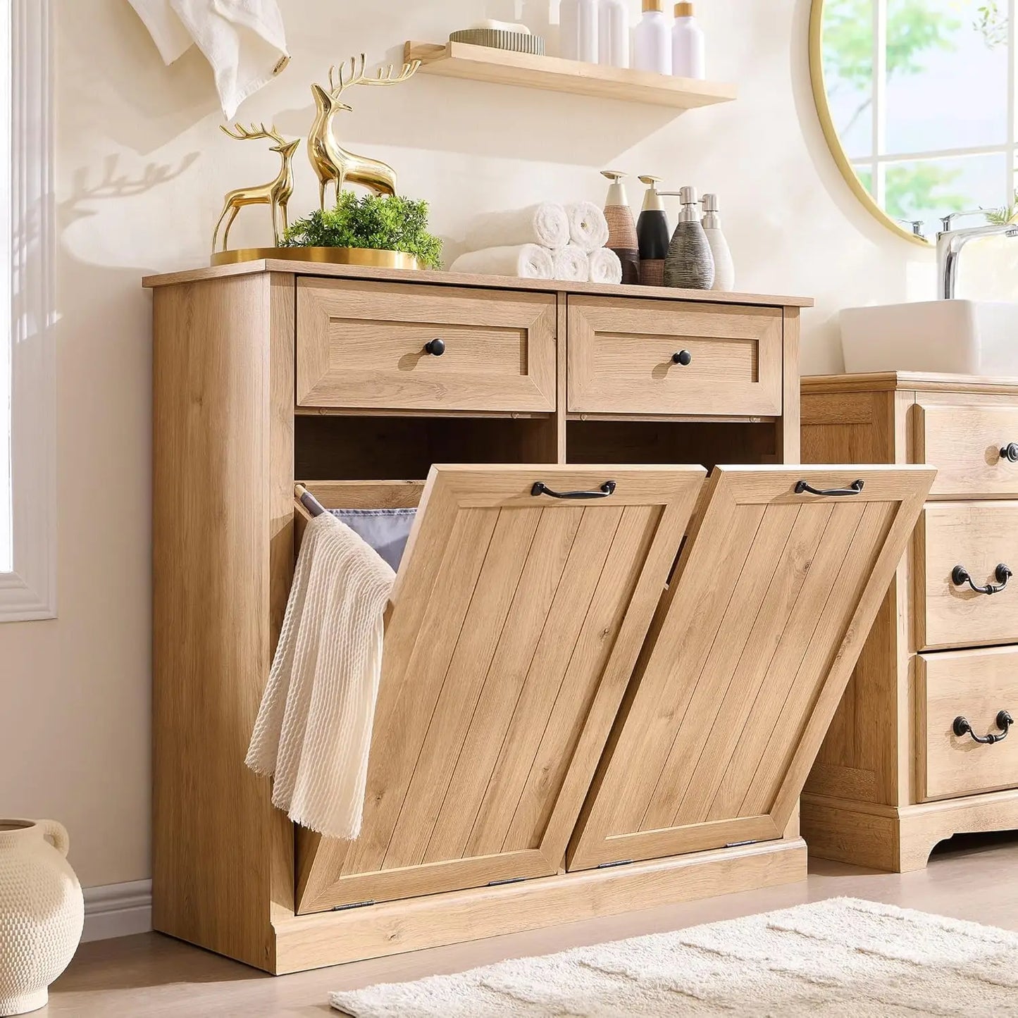 Double Tilt Out Laundry Hamper Cabinet, 20 Gallon Farmhouse Trash Can Cabinet with Drawer, Hidden Wood Garbage Can Bin Cabinet