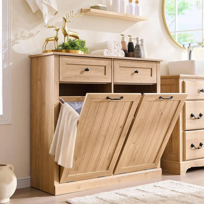 Double Tilt Out Laundry Hamper Cabinet, 20 Gallon Farmhouse Trash Can Cabinet with Drawer, Hidden Wood Garbage Can Bin Cabinet