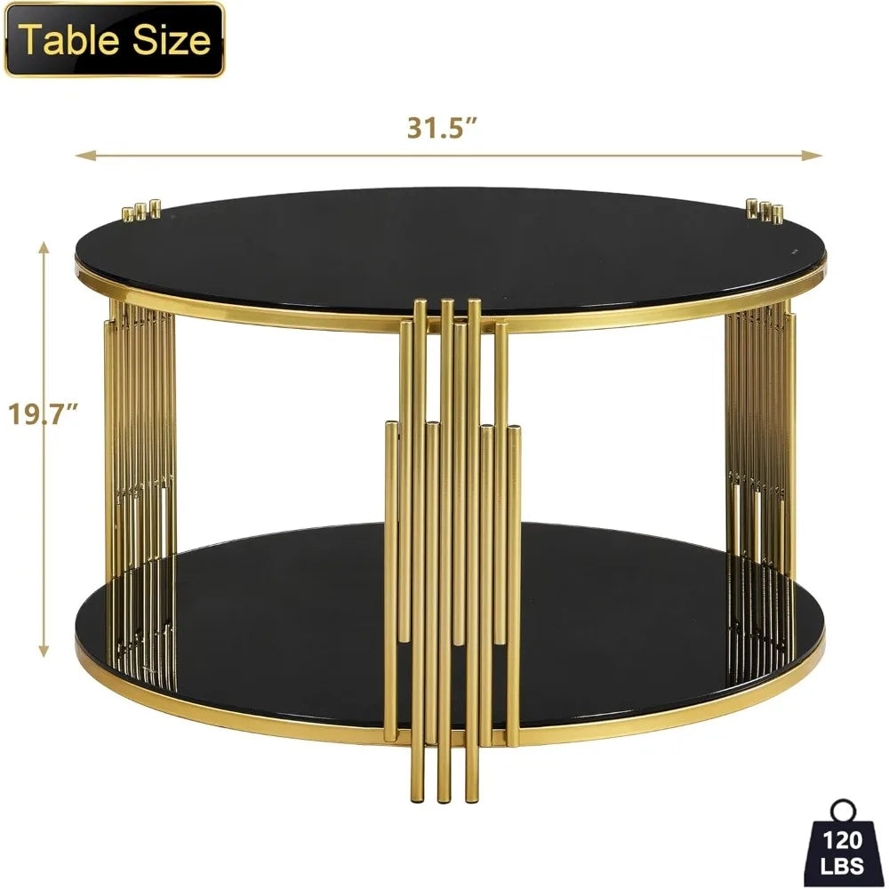 Gold Glass Coffee Table Black Round Modern Living Room Table, Luxury Stainless Steel Irregular Leg Tempered Glass Top, Sofa Cent