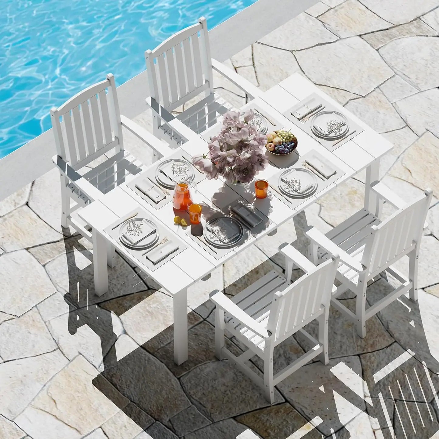 7-Piece HDPE Outdoor Dining Table Sets, Rectangular Patio Dining Furniture Set with 2” Umbrella Hole, Modern Dining 6 Chairs