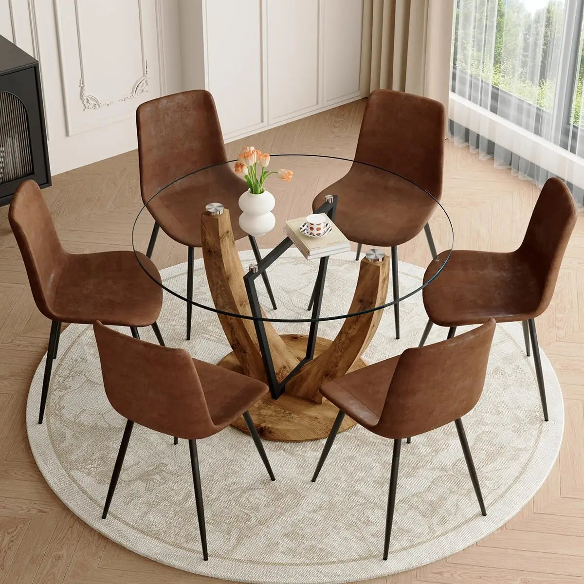 Round Dining Table Set for 4, 48 Inches Kitchen Table with 4 Brown Chairs, Tempered Glass Tabletop with Wood Pedestal Base
