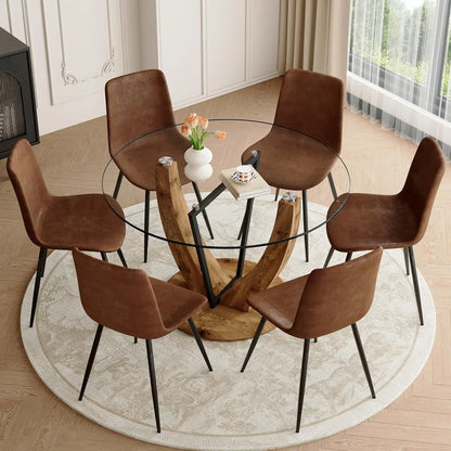 Round Dining Table Set for 4, 48 Inches Kitchen Table with 4 Brown Chairs, Tempered Glass Tabletop with Wood Pedestal Base