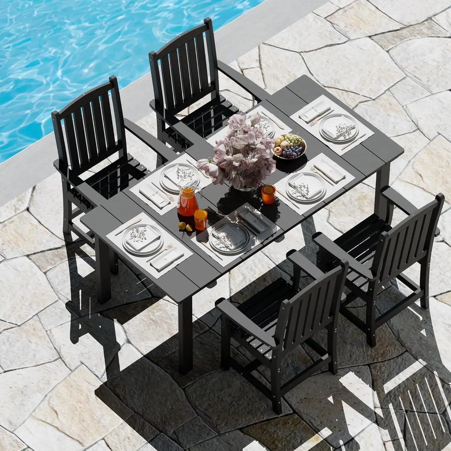 7-Piece HDPE Outdoor Dining Table Sets, Rectangular Patio Dining Furniture Set with 2” Umbrella Hole, Modern Dining 6 Chairs