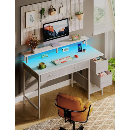 Home Office Computer Desk with Power Outlets, LED Light & 5 Drawers - Writing Desk with Monitor Stand