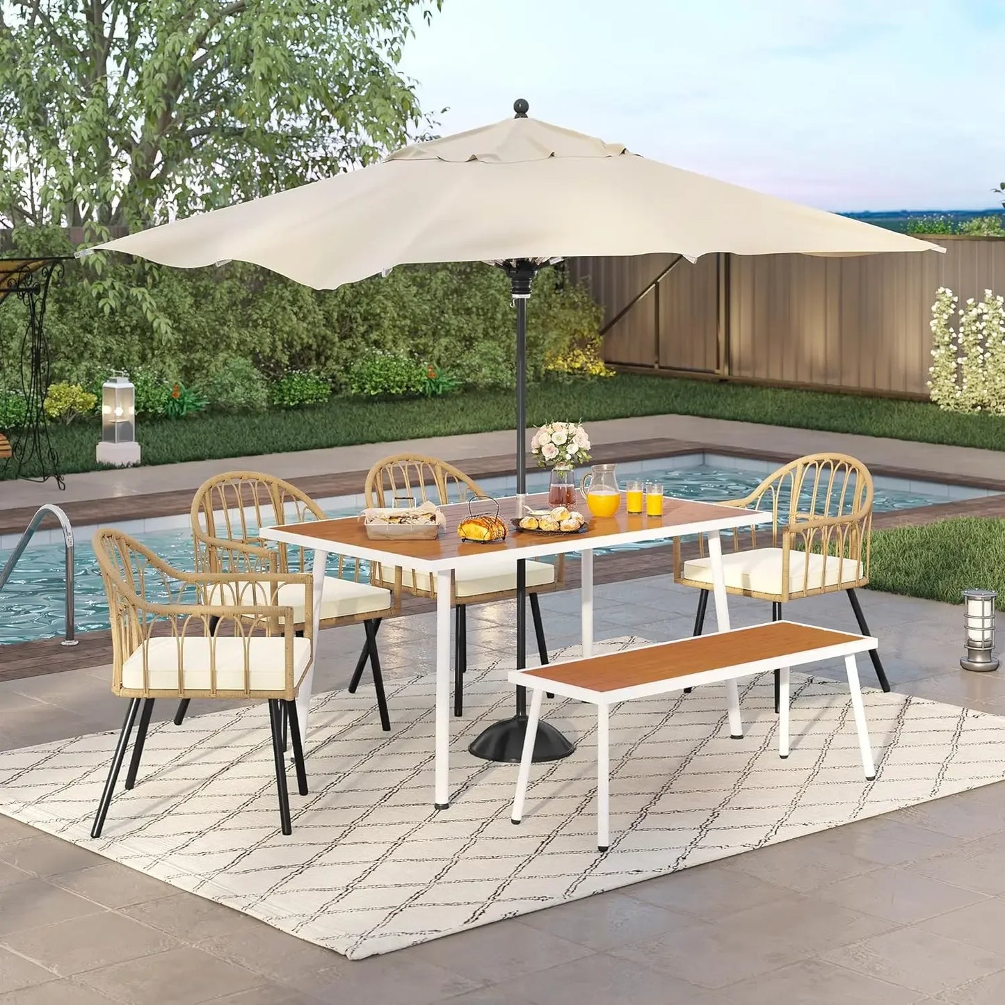 1/2/6pcs Outdoor Patio Dining Set, Rattan Wicker Patio Dining Chair & Table Set, Sectional Conversation Set w/ Umbrella Hole