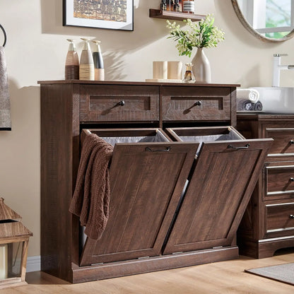 Double Tilt Out Laundry Hamper Cabinet, 20 Gallon Farmhouse Trash Can Cabinet with Drawer, Hidden Wood Garbage Can Bin Cabinet