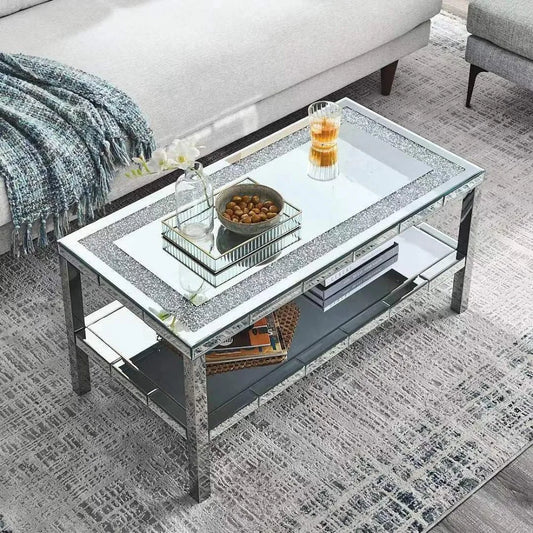 Elegant 2 Tiers of Shiny Silver Mirrored Coffee Table, Crystals Inlay,and Stainless Steel Frame,Modern Rectangle Cocktail Table/