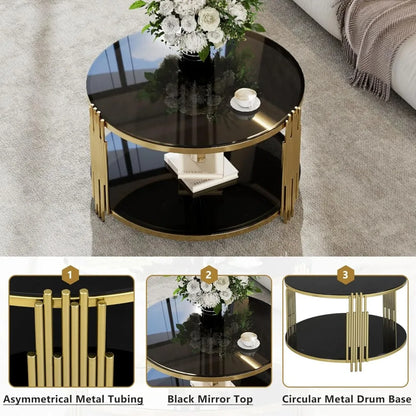 Gold Glass Coffee Table Black Round Modern Living Room Table, Luxury Stainless Steel Irregular Leg Tempered Glass Top, Sofa Cent