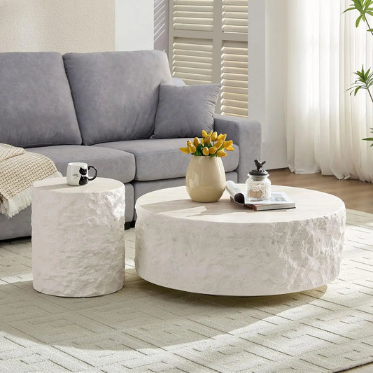 Round Coffee Table for Living Room Cream Cement Stone Pattern Circle Coffee Table Modern Drum Center Table for Apartment