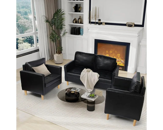 Modern 3-Piece Sectional Sofa Set Faux Leather Upholstered Loveseat with Armrest for Living Room Office Black