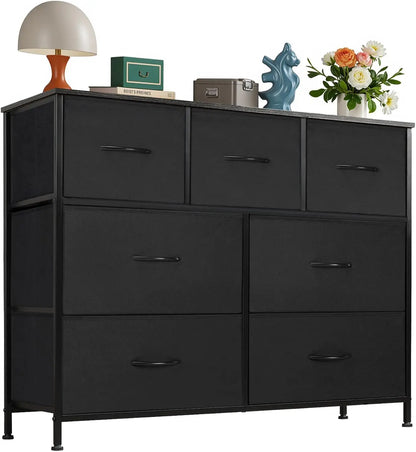 Dresser for Bedroom, 7 Storage Drawers, Wide Fabric Closet Chests Organizer Tower Furniture,TV Stand with Wooden Top Metal Frame