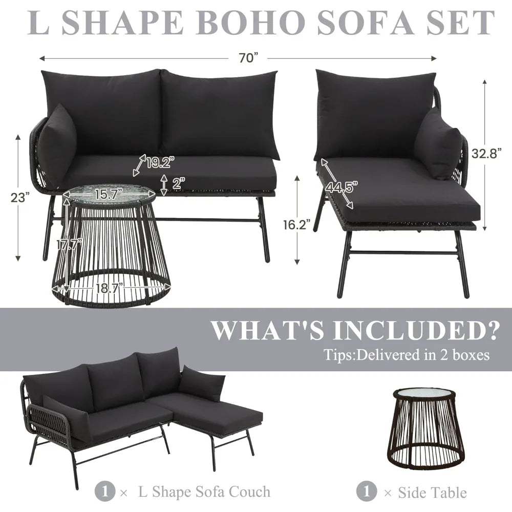 3-piece outdoor terrace furniture set, L-shaped rattan sofa with thick padding, glass coffee table - complete set