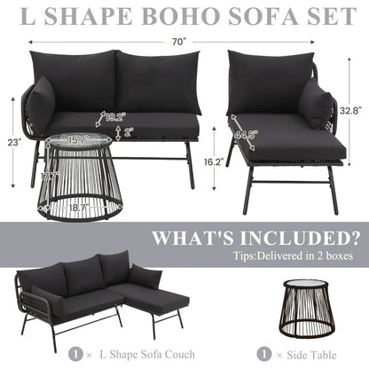 3-piece outdoor terrace furniture set, L-shaped rattan sofa with thick padding, glass coffee table - complete set