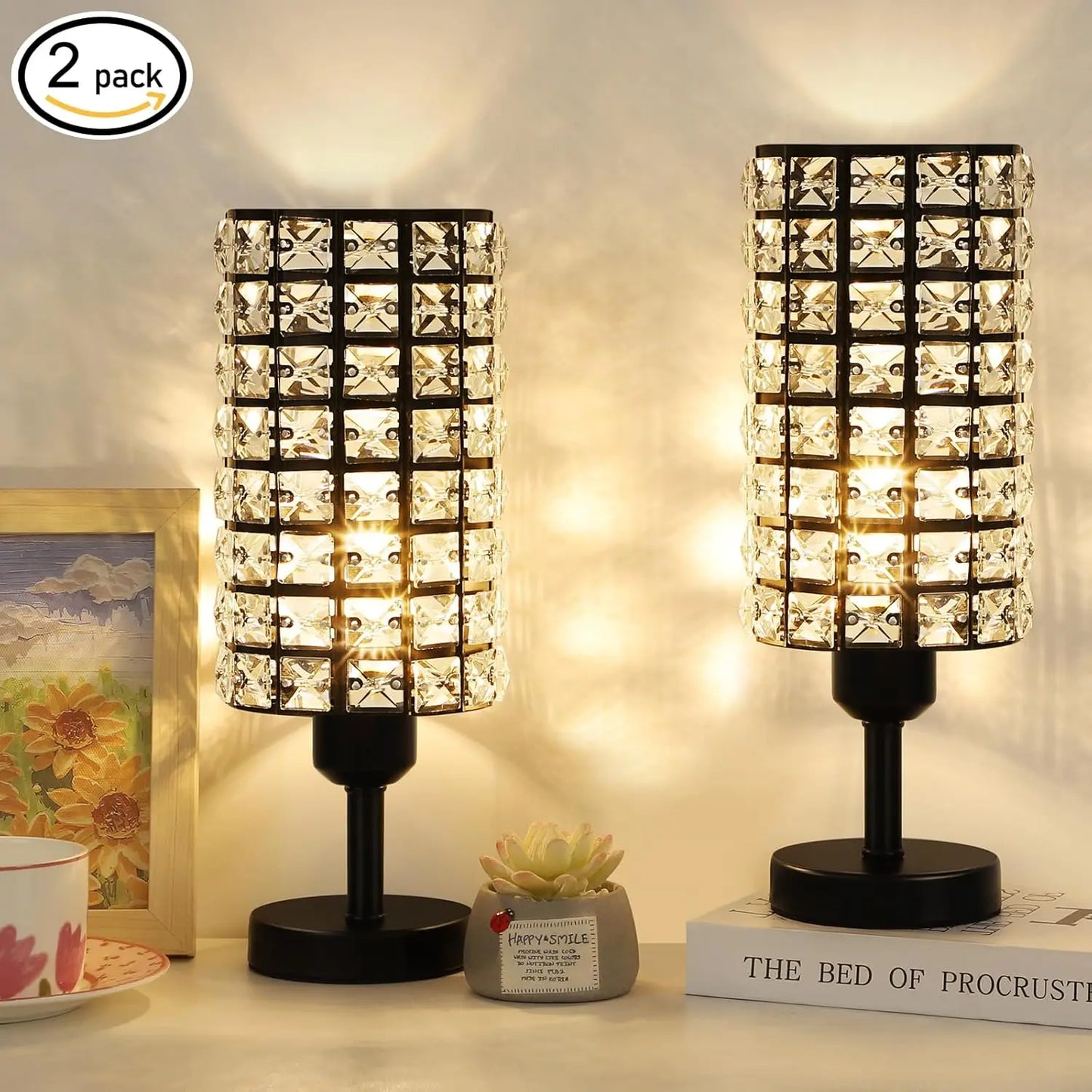 Elegant Crystal Table Lamps Set of 2 Black Modern Bedside Lamp Small Decorative Nightstand Lamp Black Desk Lamp for Living Room