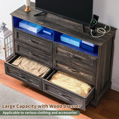 Dressers for Bedroom,6 Drawers Dresser with LED Light,Power Outlets and Open Shelves,Chests of Drawers for 65 inch TV