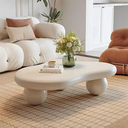 Cloud-Shape Cute Coffee Table Cream White Irregular Coffee Tables with 3 Short Legs Modern Live Round Edge Coffee Table