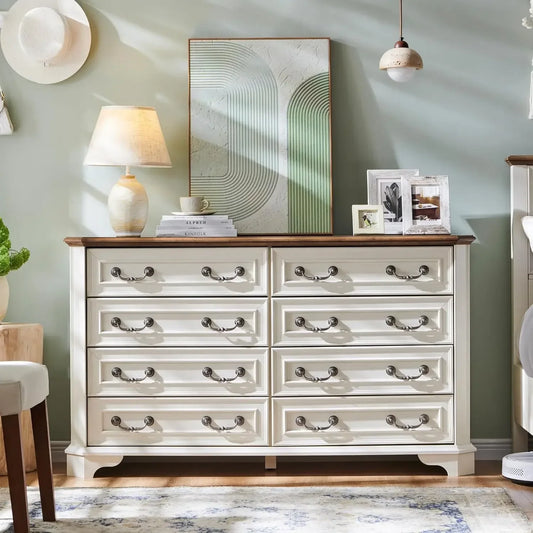 NEW Farmhouse 8 Drawers Dresser for Bedroom, 54" Wide Wood Rustic Chest of Drawers - Natural Texture, Vintage Design, Storage