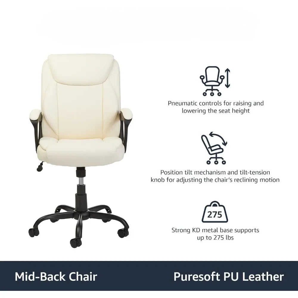 Classic PU Padded Mid-Back Office Chair Computer Desk Chairs with Armrest - Cream, 26"D x 23.75"W x 42"H